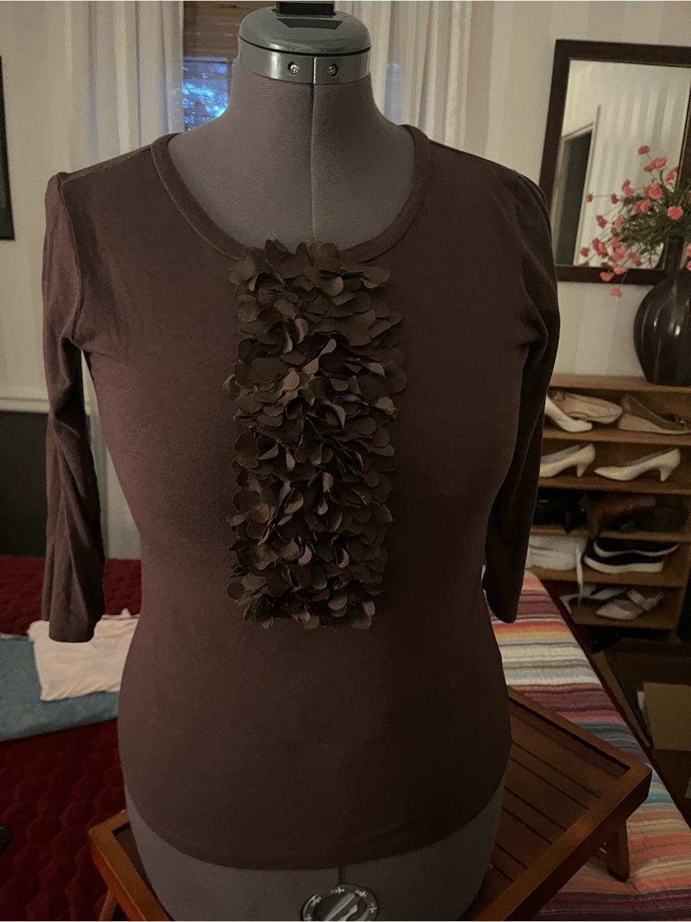 KIERAN Brown Ruffle Front 3/4  Sleeve Top